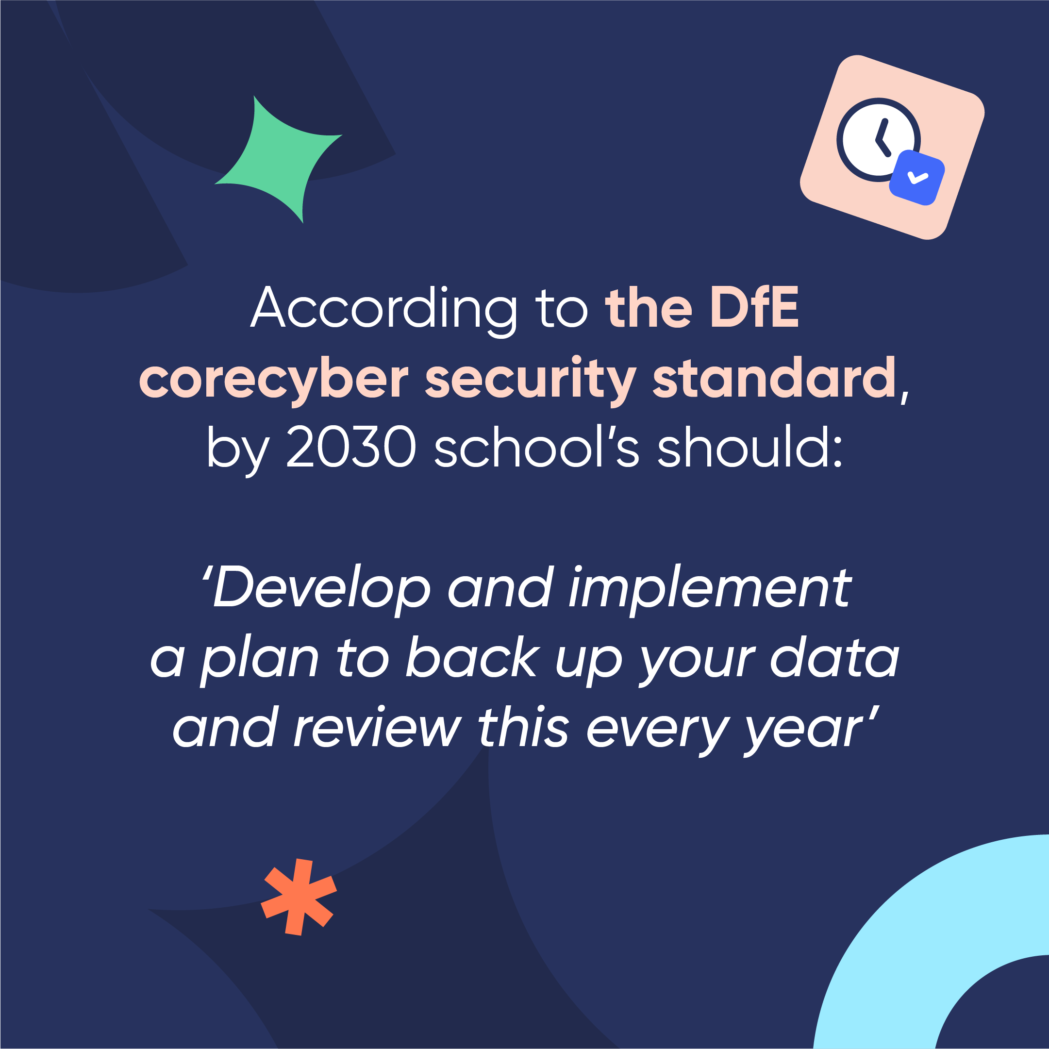 According to the DfE core cyber security standard, by 2030 school's should: 'Develop and implement a plan to back up your data and review this every year'